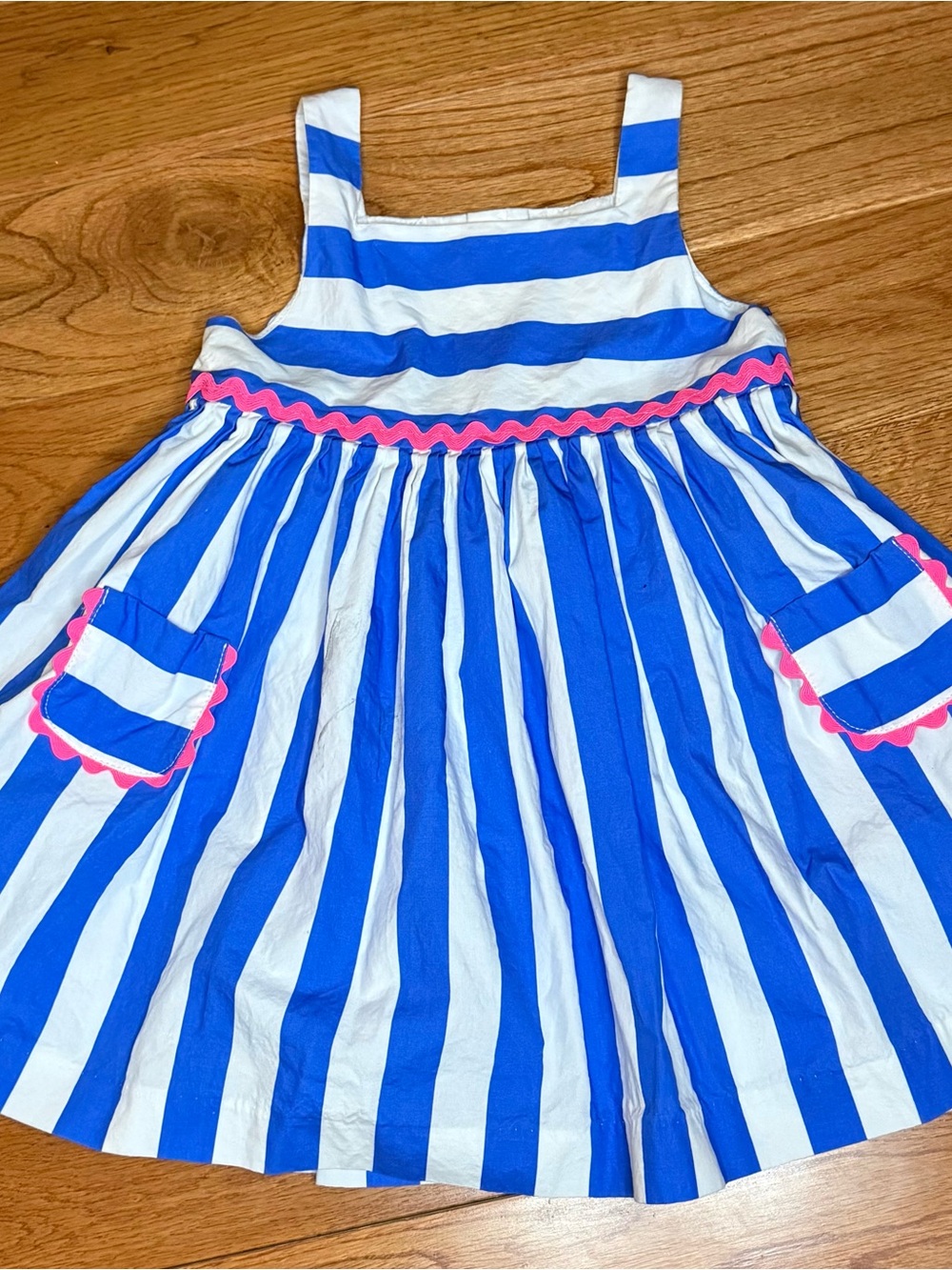 Jacadi Paris 18M Blue White Striped Sundress Pink Ric Rac Pockets Summer Dress